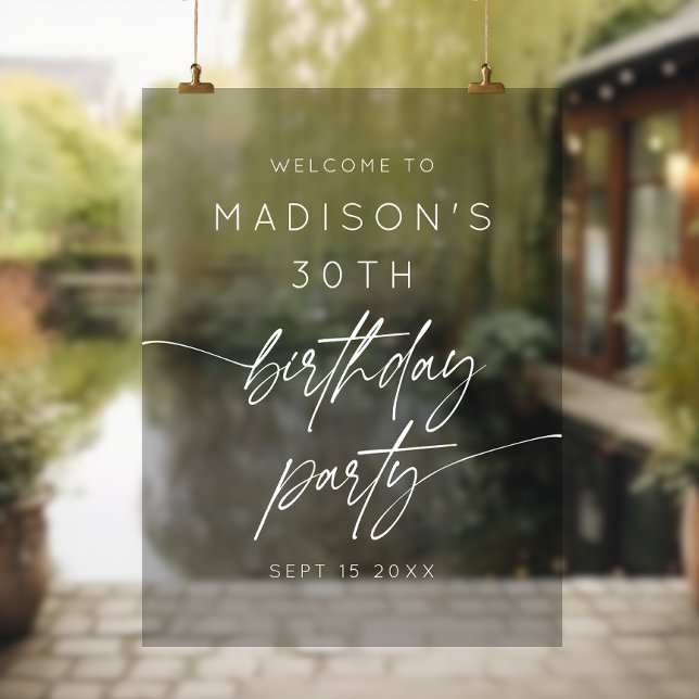 Minimal 30th Birthday Party Welcome White Script Acrylic Sign (Creator Uploaded)