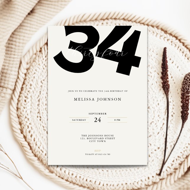 Minimal 34th Birthday Invitation - Bold Typo (Minimal 34th birthday invitation with bold typography)