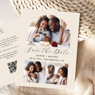 Minimal 3 Photo Arch QR Code Beige Save the Date Postcard