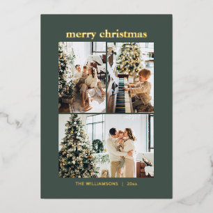 Minimal 3 Photo Collage Merry Christmas Green Gold