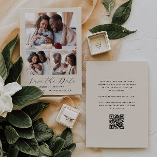 Minimal 3-Photo Collage QR Code Beige Save The Date