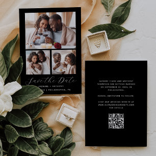 Minimal 3-Photo Collage QR Code Black and White Save The Date