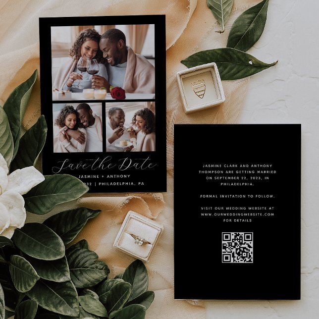 Minimal 3-Photo Collage QR Code Black and White Save The Date (Creator Uploaded)