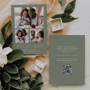 Minimal 3-Photo Collage QR Code Sage Green Save The Date