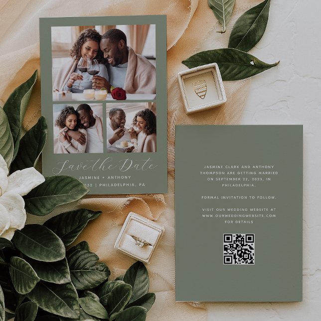 Minimal 3-Photo Collage QR Code Sage Green Save The Date (Creator Uploaded)