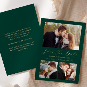 Minimal 3-Photo Emerald Green Gold Save the Date
