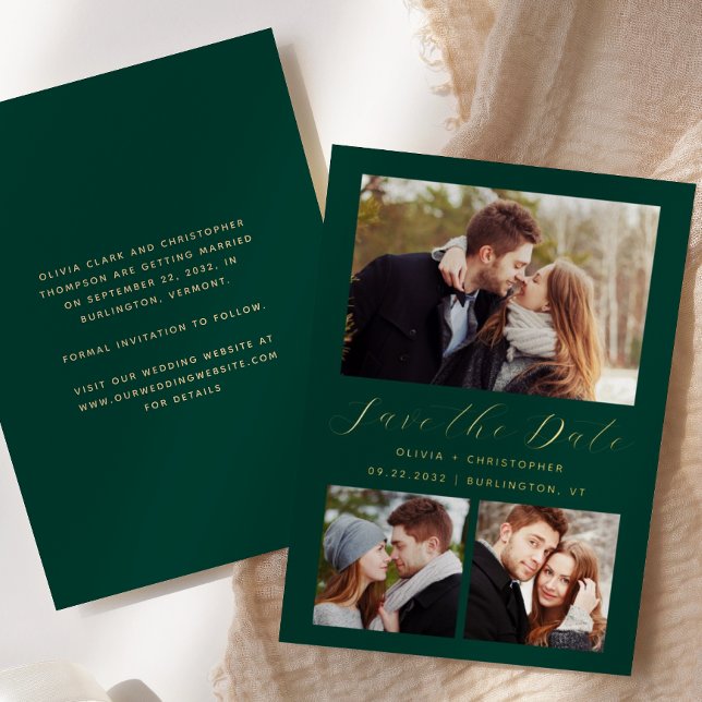 Minimal 3-Photo Emerald Green Gold Save the Date (Creator Uploaded)