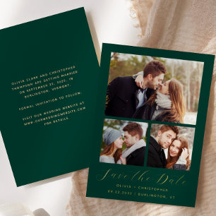 Minimal 3-Photo Emerald Green Gold Save the Date
