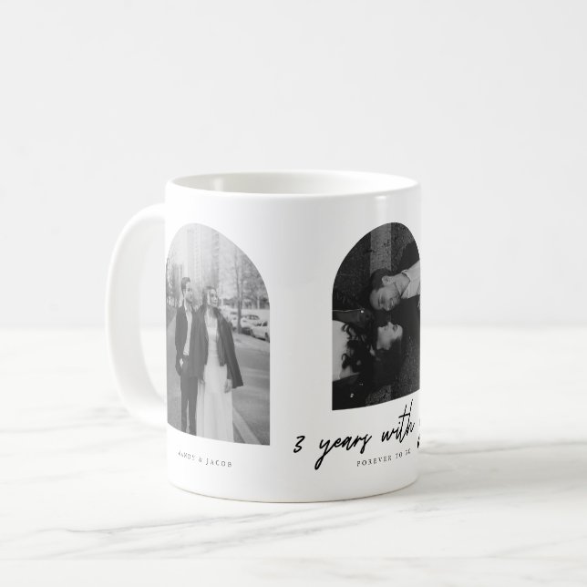 Minimal 3-Year Anniversary 3 Couple Photos Arch Coffee Mug (Front Left)