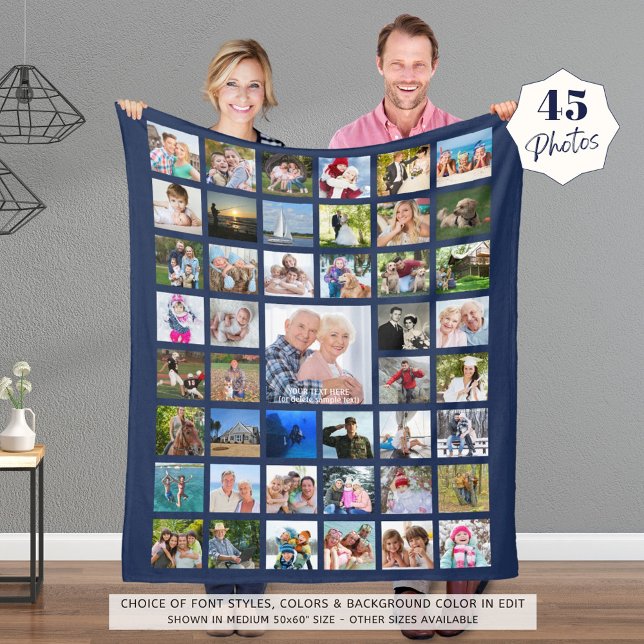 Minimal 45 Photo Collage Template Custom Text Blue Fleece Blanket (Creator Uploaded)