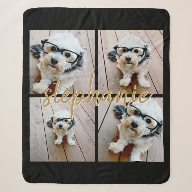 Minimal 4 Photo Collage - Black - Gold Script Text Sherpa Blanket (Front)