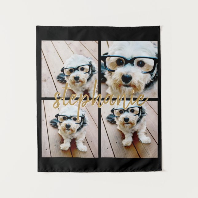 Minimal 4 Photo Collage - Black - Gold Script Text Tapestry (Front)