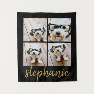 Minimal 4 Photo Collage - Black - Gold Script Text Tapestry