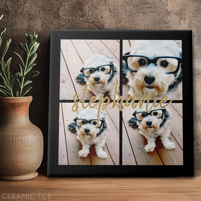 Minimal 4 Photo Collage - Black - Gold Script Text Tile (Custom Tile)