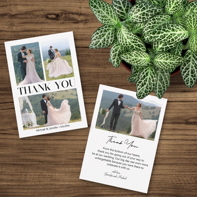 minimal 4 photos collage trendy wedding thank you  card (Creator Uploaded)