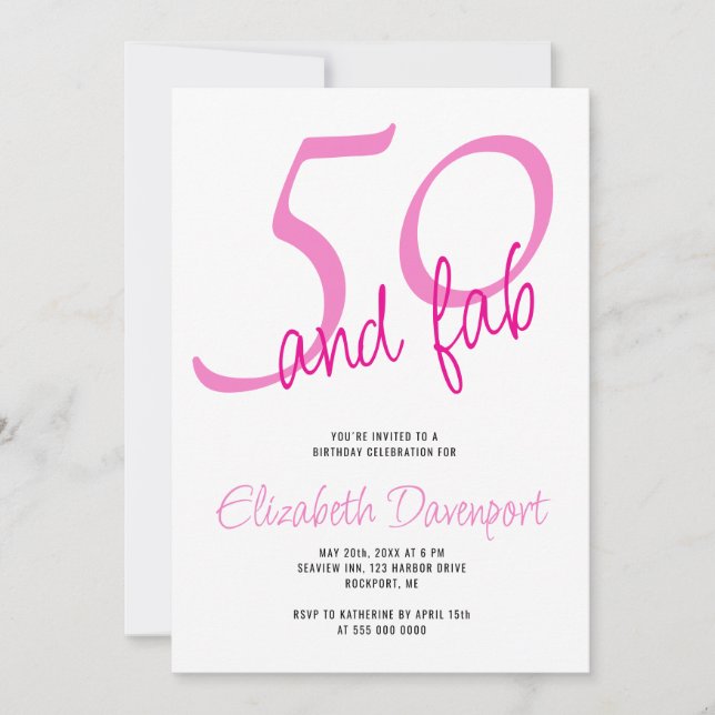 Minimal 50 and Fab Pink Birthday Invitation (Front)