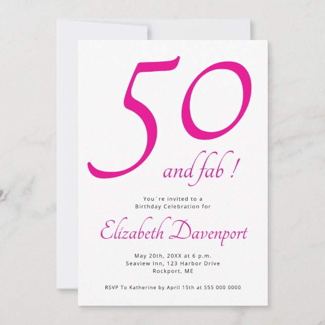 Minimal 50 and Fab Pink Birthday Invitation (Front)