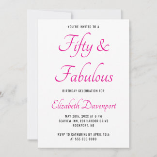 Minimal 50 and Fabulous Black and Pink Birthday Invitation