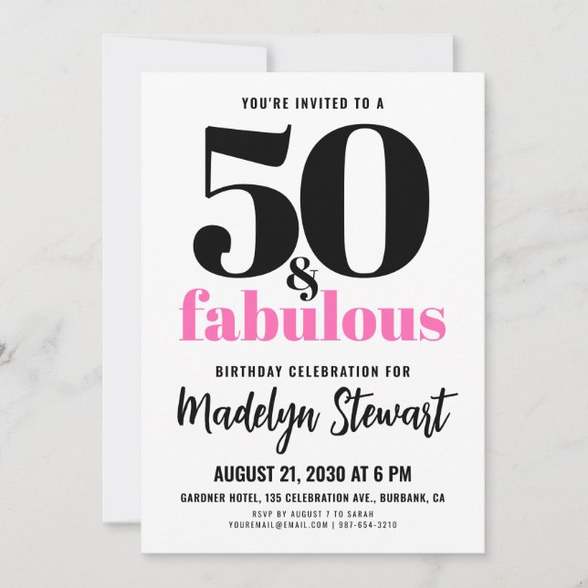 Minimal 50 and Fabulous Pink 50th Birthday Party Invitation (Front)