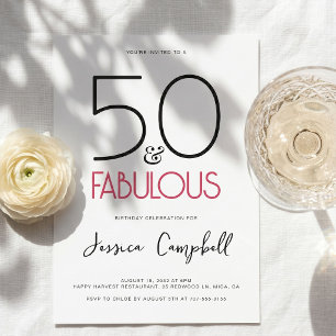 Minimal 50 and Fabulous Pink 50th Birthday Party Invitation