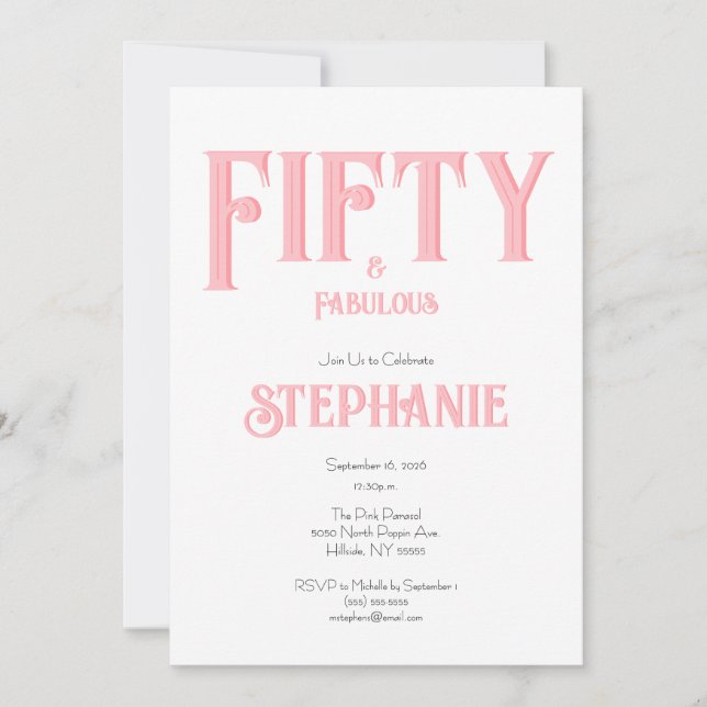 Minimal 50 and Fabulous Pink 50th Birthday Party Invitation (Front)