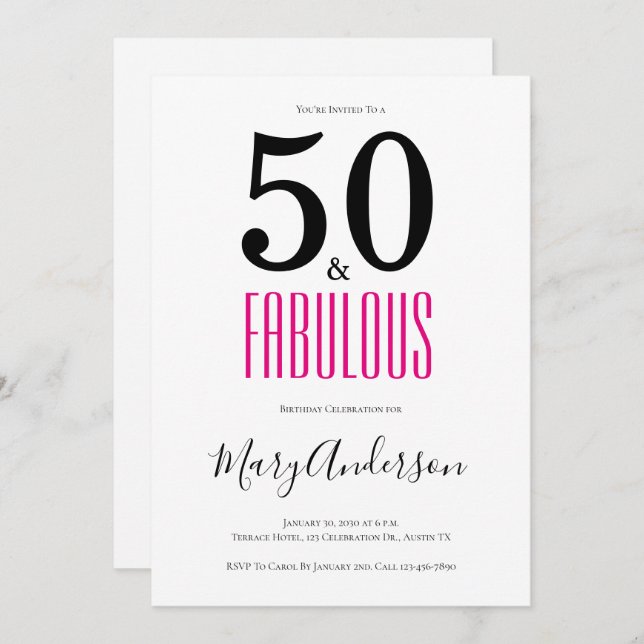 Minimal 50 and Fabulous Pink 50th Birthday Party Invitation (Front/Back)