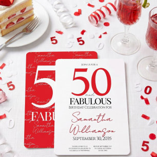 Minimal 50 and Fabulous Red 50th Birthday Invitation