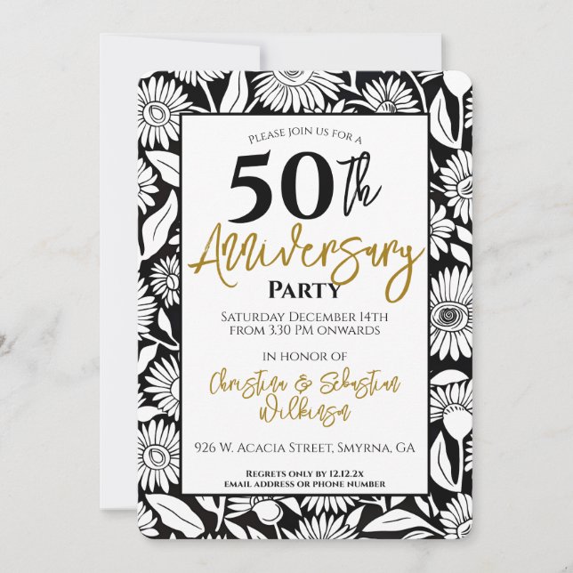 Minimal 50th Wedding Anniversary Party Black Gold Invitation (Front)