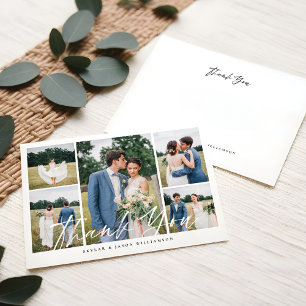 Minimal 5 Photo Collage White Brush Script Wedding Invitation