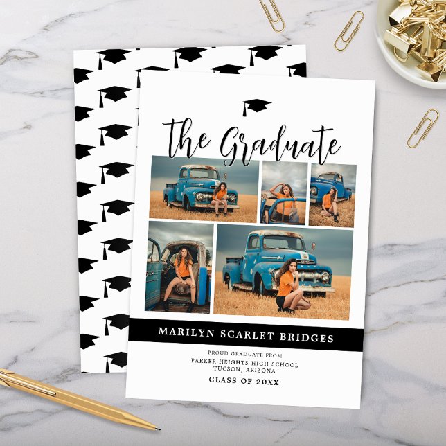 Minimal 5 Photo Graduation Announcement (Modern simple black and white graduation announcement with 5 photos 2 landscape  3 portrait classic)