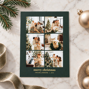 Minimal 6 Photo Collage Merry Christmas Green Gold