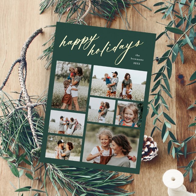 Minimal 7 Photo Collage Script Happy Holidays (Elegant Script Happy Holidays 7 Photo Collage Foil Holiday Card.)