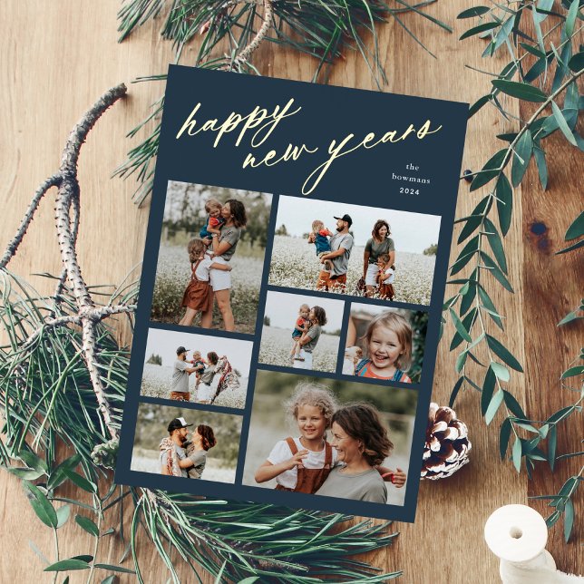 Minimal 7 Photo Collage Script Happy New Year (Elegant Script Happy New Years 7 Photo Collage Foil Holiday Card.)