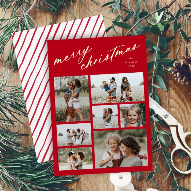 Minimal 7 Photo Collage Script Merry Christmas  (Minimal script merry christmas red and white multi photo collage foil holiday card with stripe back.)