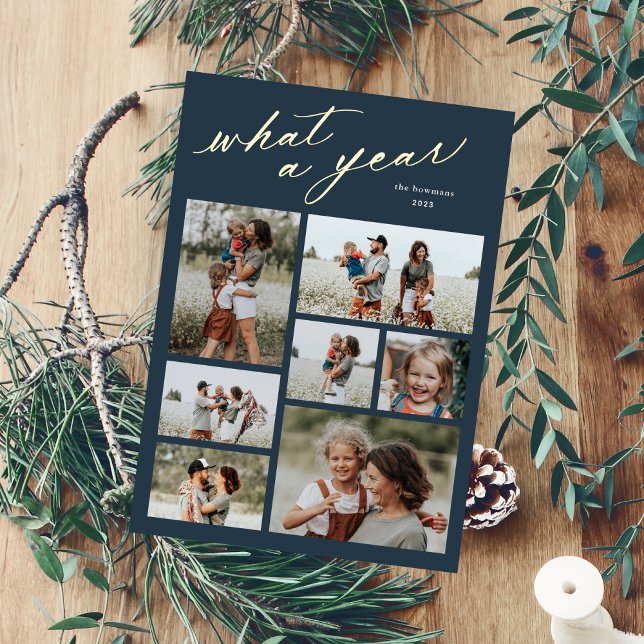 Minimal 7 Photo Collage Script What a Year (Elegant What a year 7 Photo Collage Christmas Holiday New Year Cards.)