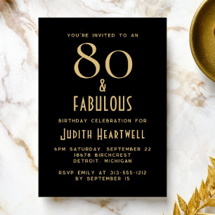 Minimal 80 and Fabulous Black 80th Birthday Party Invitation
