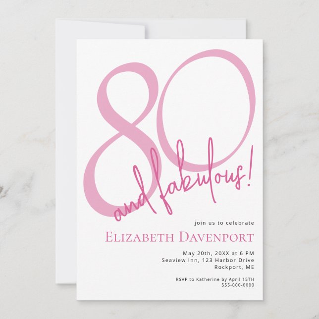 Minimal 80 and Fabulous Pink Birthday Invitation (Front)
