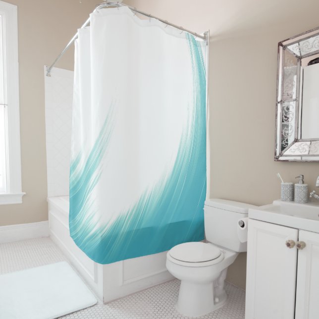 Minimal Abstract Blue Waves Brush Art | Shower Curtain (In Situ)
