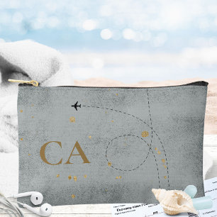 Minimal Aeroplane Slate Grey Gold Monogram Travel Accessory Pouch