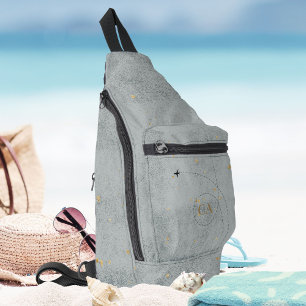 Minimal Aeroplane Slate Grey Gold Monogram Travel  Sling Bag