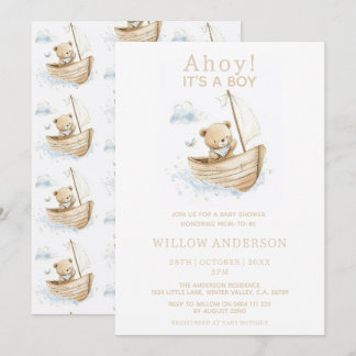 Minimal Ahoy It's A Boy Teddy Sailboat Baby Shower Invitation