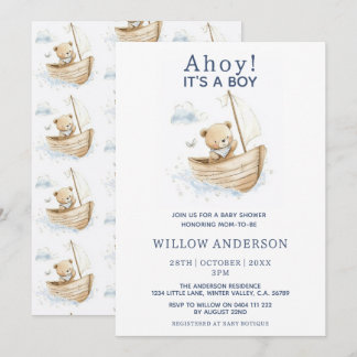 Minimal Ahoy It's A Boy Teddy Sailboat Baby Shower Invitation