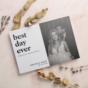 Minimal and Chic Best Day Ever Photo Heart Wedding Thank You Card