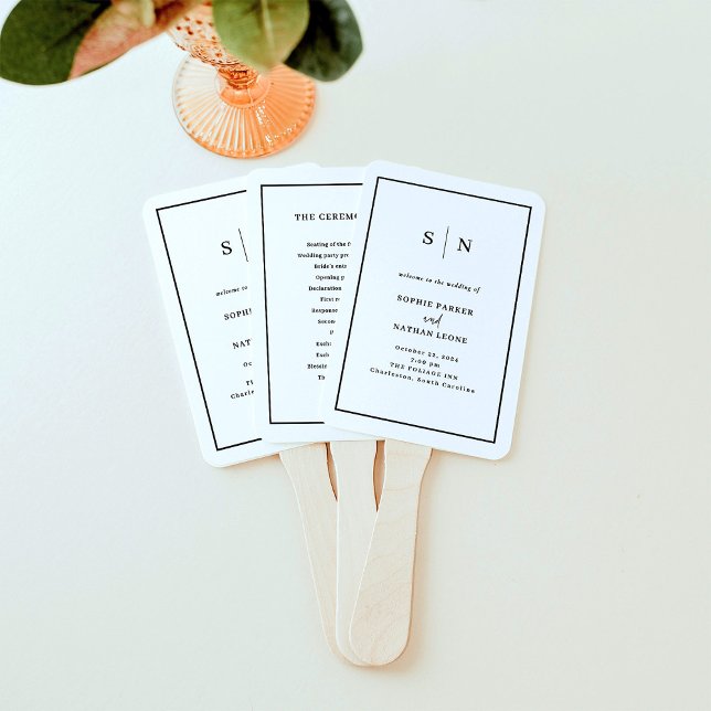 Minimal and Chic | Black and White Border Wedding Hand Fan (Modern and minimalist wedding welcome program fans in black and white with your monogram)
