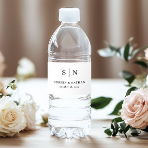 Minimal and Chic Black and White Monogram Wedding Water Bottle Label