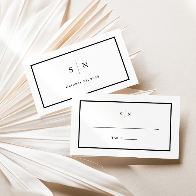 Minimal and Chic | Black and White Wedding Flat Place Card (A chic, minimalist wedding place card in black and white with your monogram)