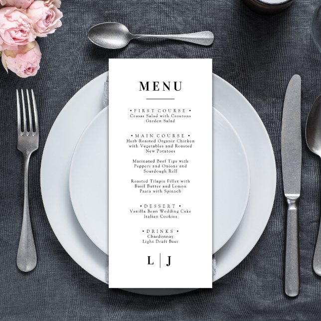 Minimal and Chic | Black and White Wedding Menu (Minimal black and white wedding menu adds chic elegance to your tablescape.)