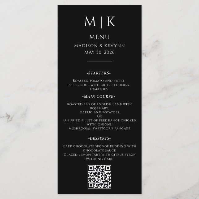 Minimal and Chic | Black and White Wedding QR Code Menu (Front)