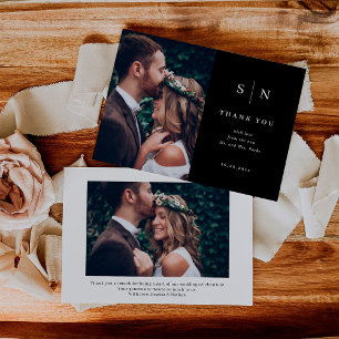 Minimal and Chic Black Two Photo Wedding Thank You Card