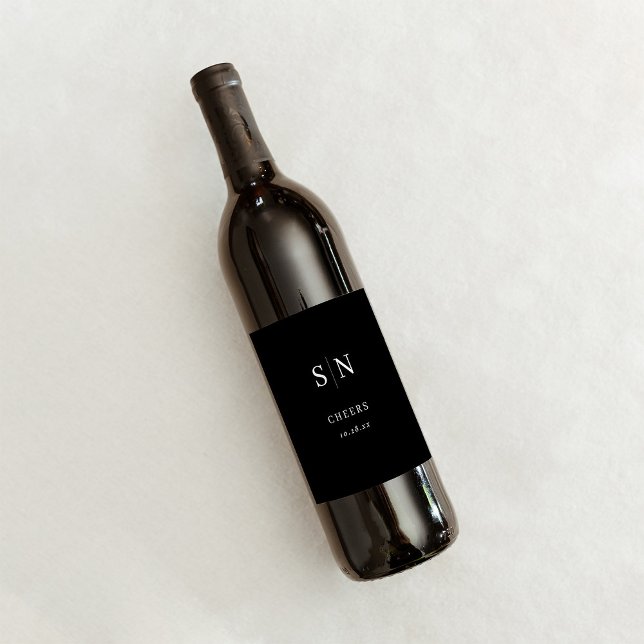 Minimal and Chic | Black Wedding Monogram Cheers Wine Label (Creator Uploaded)